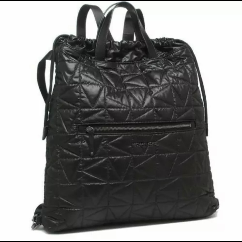 Michael Kors Winnie Large Quilted Nylon Black Convertible Drawstring Backpack FS
